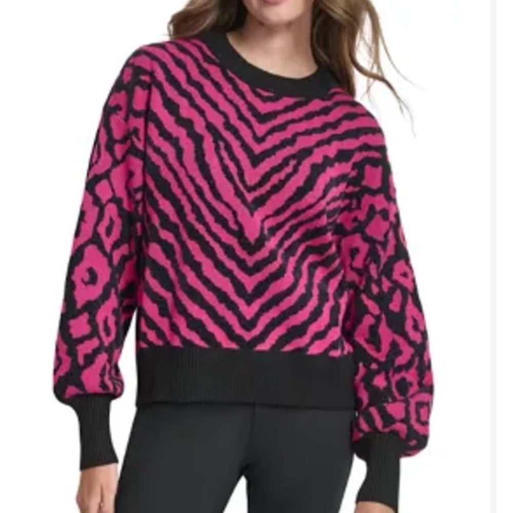 DKNY Crewneck Sweater Womens Large Pink Animal Print Dopamine Dressing Fun